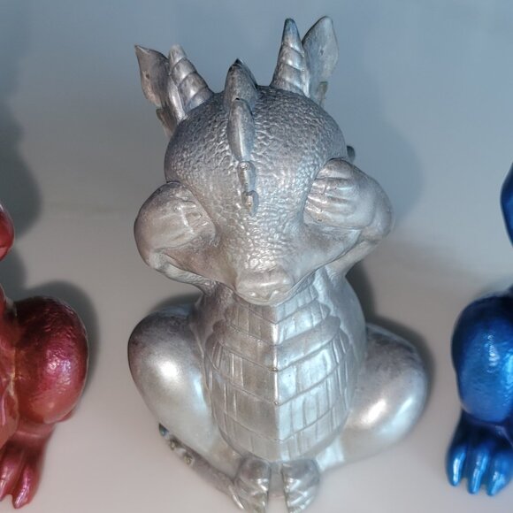 DRAGON TRIO Resin Figurines red white blue NEW Hear See Speak No Evil Handmade - Picture 2 of 6